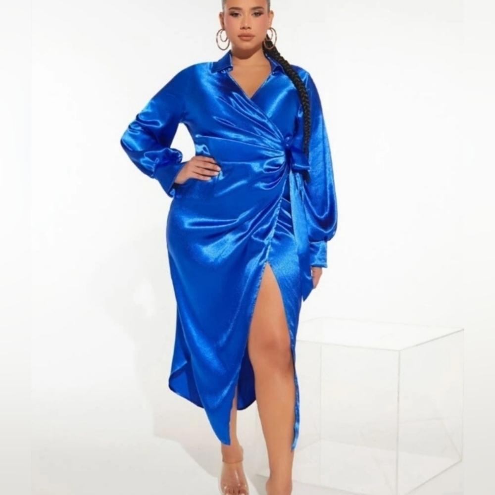 Shein Blue Wrap Gown with V-neck and Bishop Sleeves
